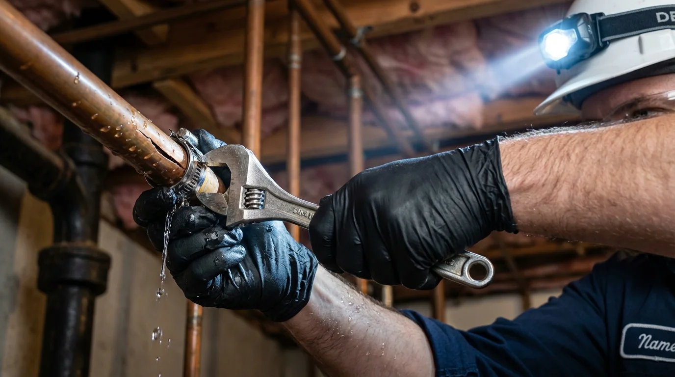 Emergency pipe clamp repair being performed by a Johns Plumbing LLC plumber in Delta